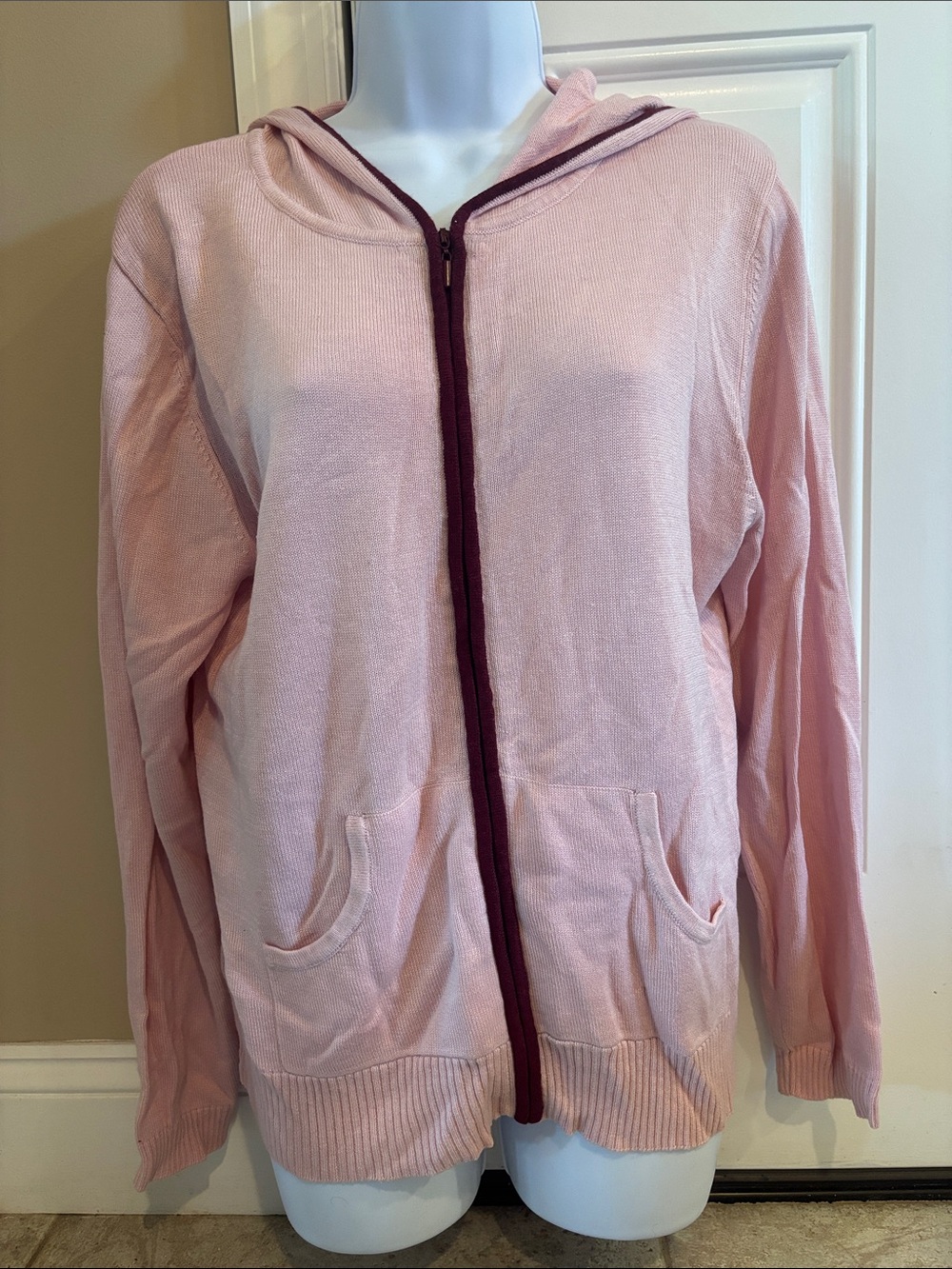 QVC Light Pink Hooded Zip-Front Cardigan with Burgundy Trim